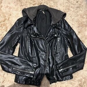 Free People Faux Vegan Leather Moto Jacket Detachable Hooded Black Size 4